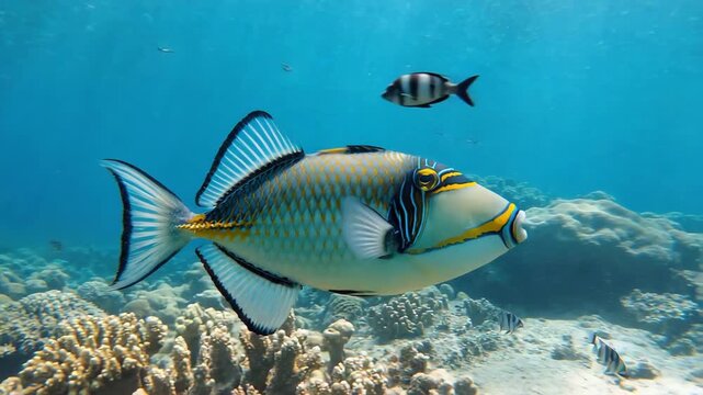 Triggerfish with striking patterns, swimming near a reef, tropical underwater scene, small fish darting around, dynamic composition
