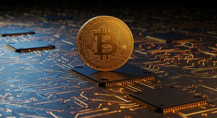 Golden bitcoin on circuit board representing digital currency and technology advancement
