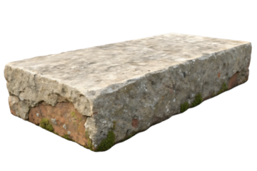 Weathered Rectangular Stone Slab with Moss Growth and Eroded Edges against a Black Background Perfect for Construction or Landscape Architecture