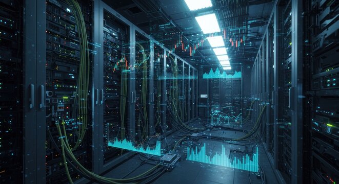 Illuminated Data Center Corridor Showcasing Network Infrastructure and Real-Time Data Visualization