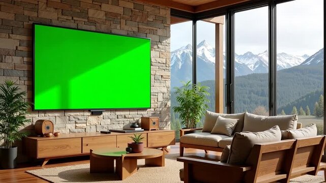 Cozy modern living room with large green screen TV and stunning mountain view offers versatility