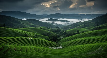 Fototapeta premium Lush rice terraces cascade down emerald hills beneath a dramatic cloudscape in rural Asia