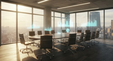 Modern boardroom with cityscape view and financial data visualization, showcasing growth and