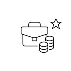 Briefcase, stacks of coins and star. Premium client, financial portfolio badge. Pixel perfect, editable stroke vector icon