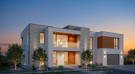 Modern Two Story House Exterior at Dusk with White and Stone Facade