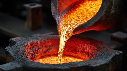 Molten glowing metal pouring into crucible in fiery industrial scene