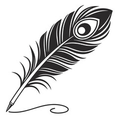 Obraz premium A black and white illustration of a peacock feather quill pen writing a flourish.