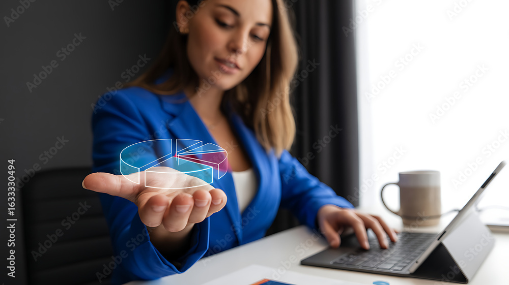 Poster focused businesswoman analyzing digital financial data displayed on her palm while working on a lapt