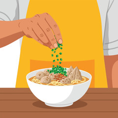 Adding Fresh Green Onion to Bowl of Meatball Noodle Soup