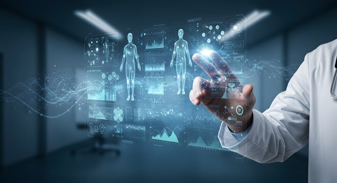 Doctor Interacting with Futuristic Medical Hologram Display