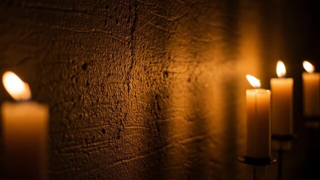 Candles flickering softly on textured stone wall in dim light  