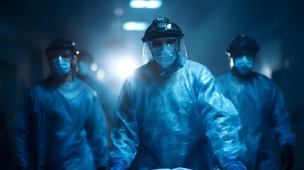 Medical team transferring critical patient in ICU under emergency lighting