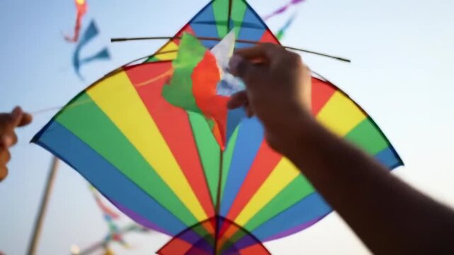 Close-up of hands flying a vibrant kite against a blue sky during the Uttarayan festival, with festive decorations in the background