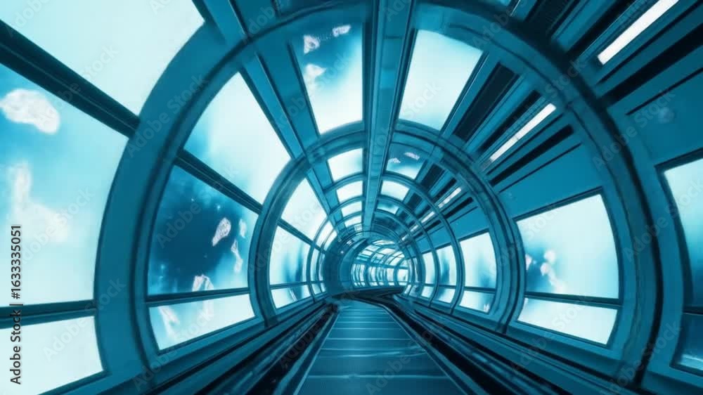 Poster futuristic escalator tunnel with digital displays and moving walkway concept