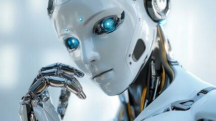 Intelligent robot ponders the future with advanced tech in her eyes and elegant design in a sleek form