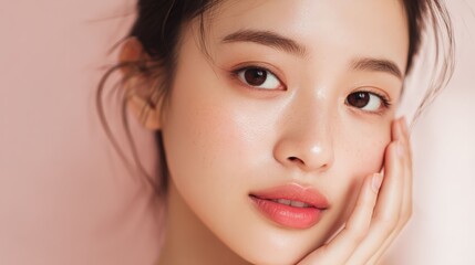 a beautiful woman with a radiant complexion gazes softly towards the camera. Her expression is warm and inviting