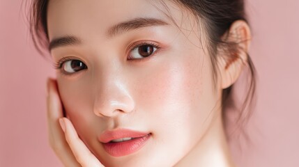 Fototapeta premium a portrait of a beautiful asian woman with flawless skin, gentle touch on her face