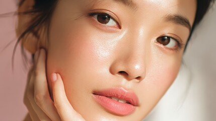 Obraz premium A stunning close-up portrait of a young woman. Her eyes hold a captivating depth, and her skin radiates a natural glow. A soft light gently caresses her features