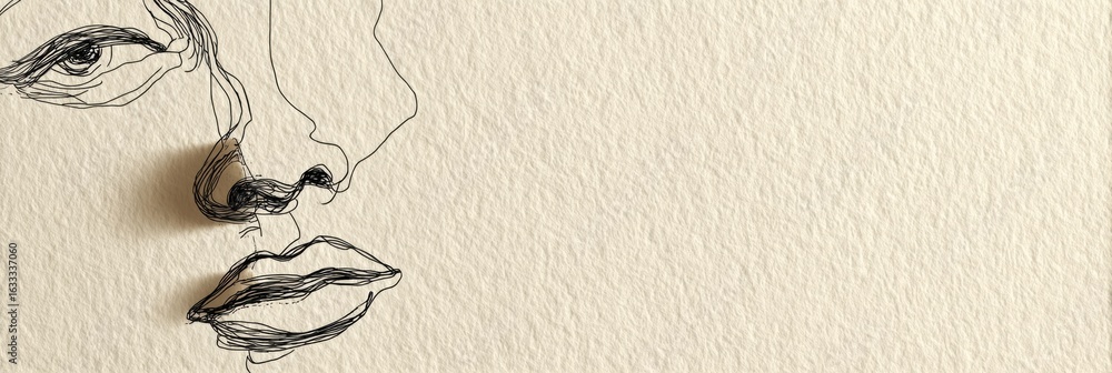 Poster minimalist monochrome line art of a face on textured cream background with open space in upper zone
