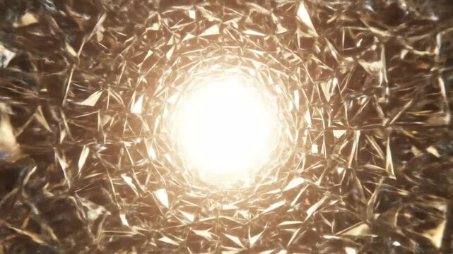 Abstract cylindrical tunnel with golden triangular patterns and light  