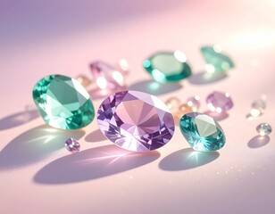 淡い光と影の中にきらめくパステルカラーの宝石イラスト