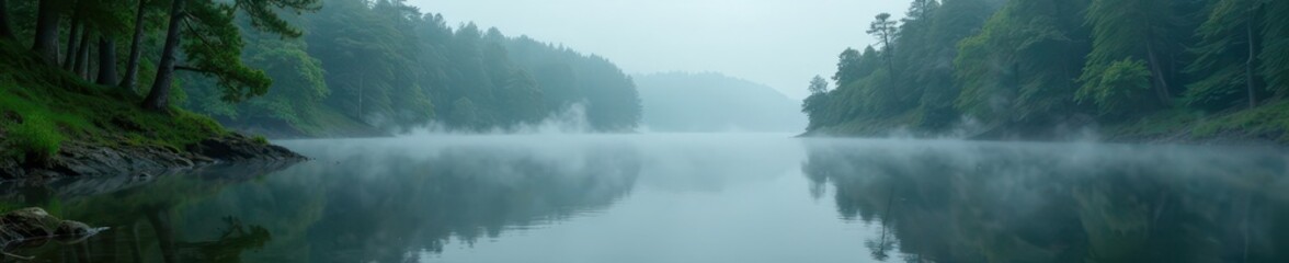 Fototapeta premium Misty lake, rain on still water, wooded shore, brown, lake photography, water