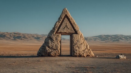 Large, triangular rock archway in desert