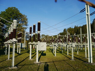 Large field of power lines with many poles and wires