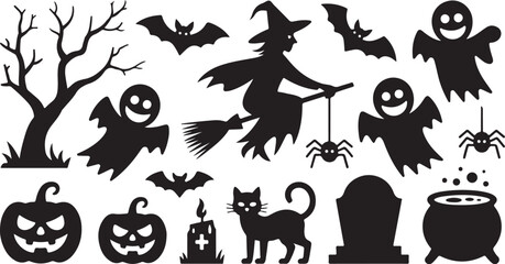 Fototapeta premium A collection of black Halloween silhouette icons featuring a witch, ghost, pumpkin, and cat for festive holiday celebration designs.