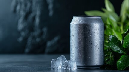 Metallic Drink Can with Ice Cubes and Green Leaves on a Dark Background