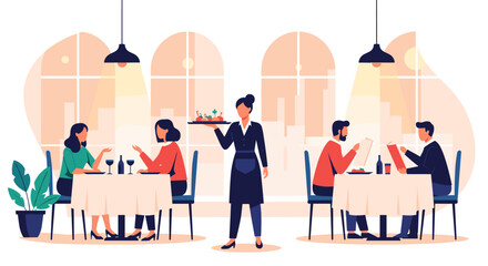 People dining and enjoying meals at a restaurant with a server bringing food to a table