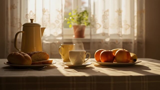 Cozy rustic kitchen table set for breakfast with apples and pastries  