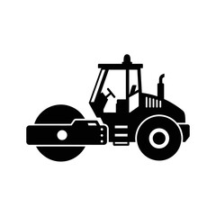 Naklejka premium Isolated black silhouette of a road roller on a white background, showcasing heavy equipment used in construction and roadwork projects, ideal for design elements.