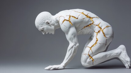 Obraz premium Human Figure with Cracks and Golden Highlights Symbolizing Fragility and Strength in Art