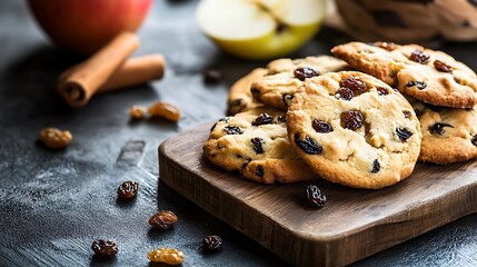 Warm homemade raisin cookies on a rustic wooden board evoke comfort and delicious autumn flavors