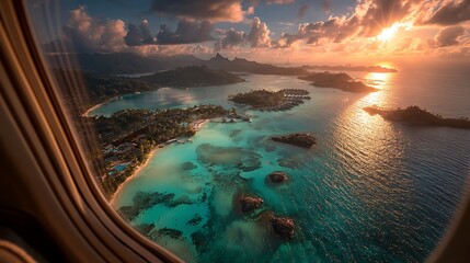 from airplane window showing crystal-clear turquoise sea, scattered tropical islands, and luxurious beachfront resorts during a vibrant sunset, calm skies and golden light 