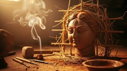 Serene durga sculpture navratri festival preparations with incense smoke creates mystic religious hindu art