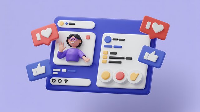 Engaging social media influencer connects with audience, sparking likes and engagement with bright 3D style