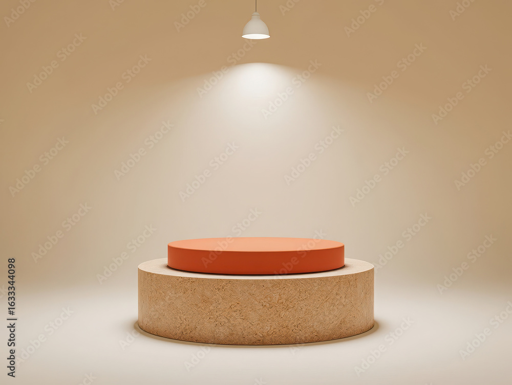 Poster minimalist display pedestal with an orange circular top, set on a textured base, illuminated by a sp