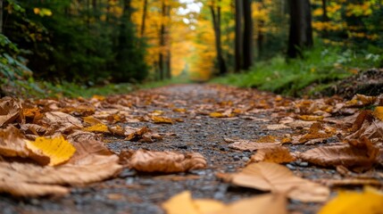 Autumn Pathway with Colorful Leaves on Ground Surrounded by Trees in a Forest Setting