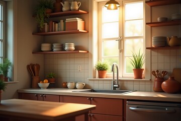 Warm and cozy  inviting kitchen interior bathed in soft morning sunlight

