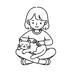 Fototapeta premium Little child cuddling a cute cat lovingly in arms, black and white doodle style