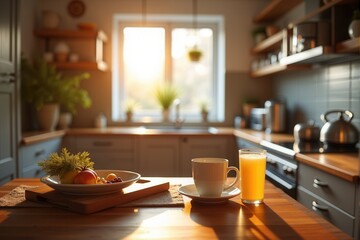 Warm and cozy  inviting kitchen interior bathed in soft morning sunlight
