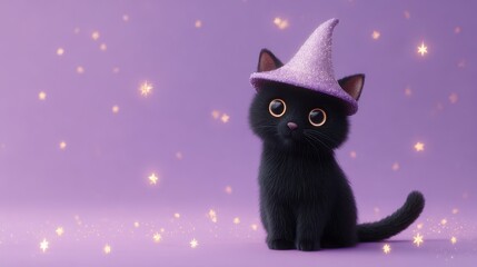 Adorable black kitten in witch hat with glowing stars on purple background