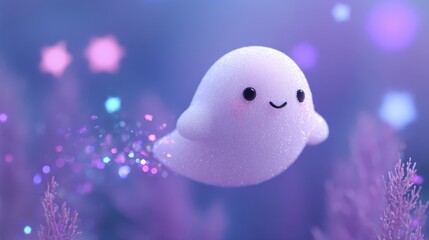 Cute glittery ghost floating in magical purple Halloween scene