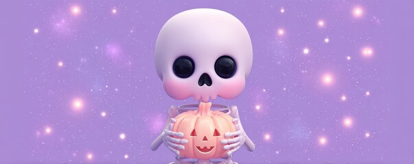 Cute cartoon skeleton holding jack-o'-lantern on starry purple background