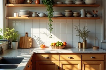 Fototapeta premium Warm and cozy inviting kitchen interior bathed in soft morning sunlight 