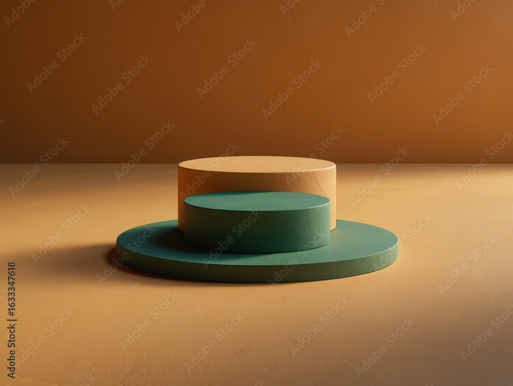 Poster minimalist geometric display stage with two cylinders in beige and green on a textured surface