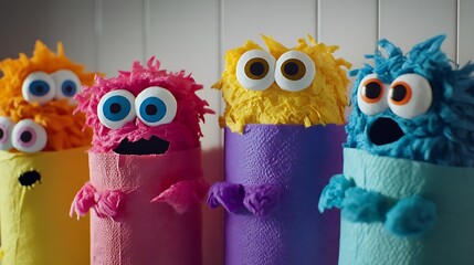 Adorable colorful monsters looking surprised together for a fun kids' party theme or playful decor