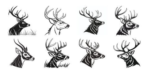 Black and white illustration, deer head silhouette, majestic antlers, minimalist design, elegant profile, stylized wildlife art, sharp contrast, vector graphic style, iconic logo design. vector eps
